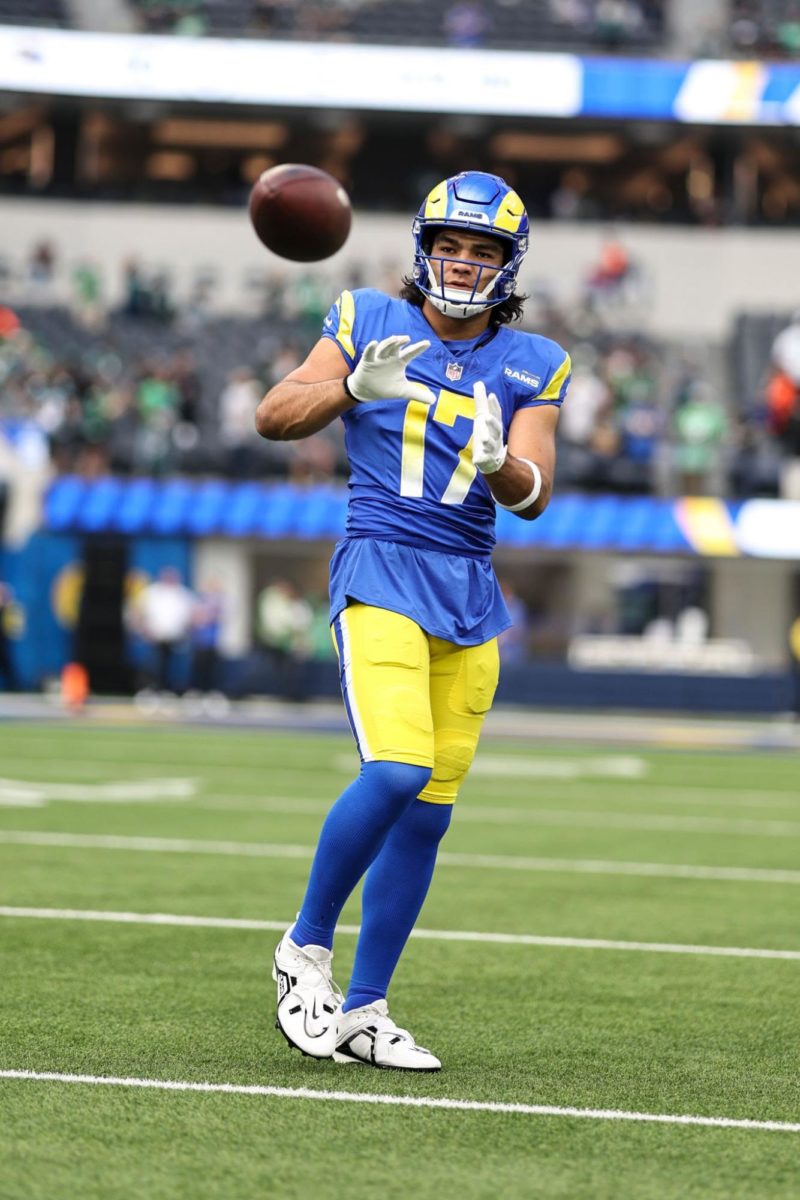 INGLEWOOD, CALIFORNIA - OCTOBER 08: Puka Nacua #17 of the Los Angeles Rams completes a pass as he warms up prior to an NFL football game between the Los Angeles Rams and the Philadelphia Eagles at SoFi Stadium on October 08, 2023 in Inglewood, California. (Photo by Michael Owens/Getty Images)